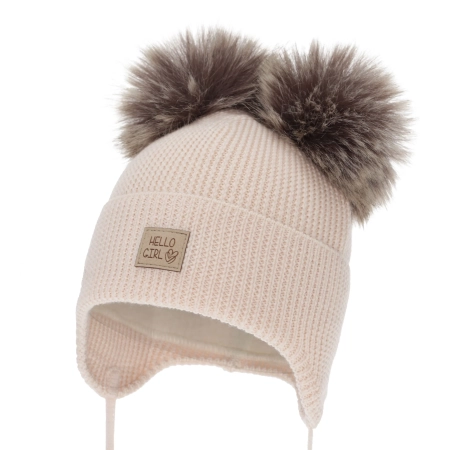 Czapka zimowa dla dziewczynki, jasnoróżowa, 100% wełniana merino, podszyta wełnianym polarem, wiązana Trudina-2