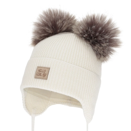 Czapka zimowa dla dziewczynki, kremowa, 100% wełniana merino, podszyta wełnianym polarem, wiązana Trudina-2