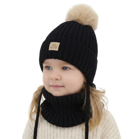 Czapka i komin dla dziewczynki, zimowy komplet, czarny, 100% wełniany merino, wiązany, podszyty bawełną, Malesia-1