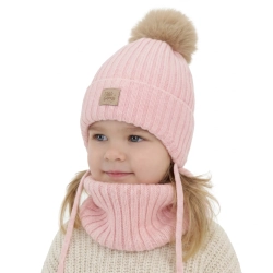 Czapka i komin dla dziewczynki, zimowy komplet, różowy, 100% wełniany merino, wiązany, podszyty bawełną, Malesia-1