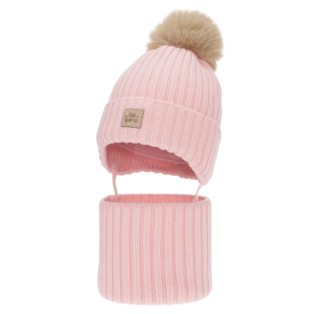 Czapka i komin dla dziewczynki, zimowy komplet, różowy, 100% wełniany merino, wiązany, podszyty bawełną, Malesia-2