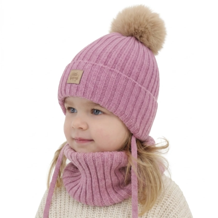 Czapka i komin dla dziewczynki, zimowy komplet, fioletowy, 100% wełniany merino, wiązany, podszyty bawełną, Malesia-1