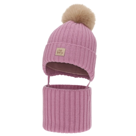 Czapka i komin dla dziewczynki, zimowy komplet, fioletowy, 100% wełniany merino, wiązany, podszyty bawełną, Malesia-2