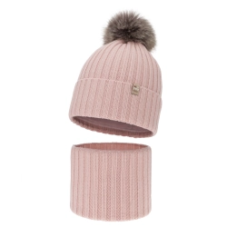 Czapka i komin dla dziewczynki zimowy komplet, 100% wełniany merino, podszyty bawełną, z pomponem, różowy, Terida-1