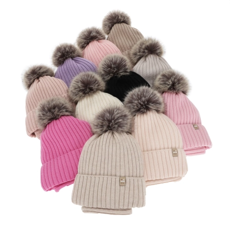 Czapka i komin dla dziewczynki zimowy komplet, 100% wełniany merino, podszyty bawełną, z pomponem, różowy, Terida-3