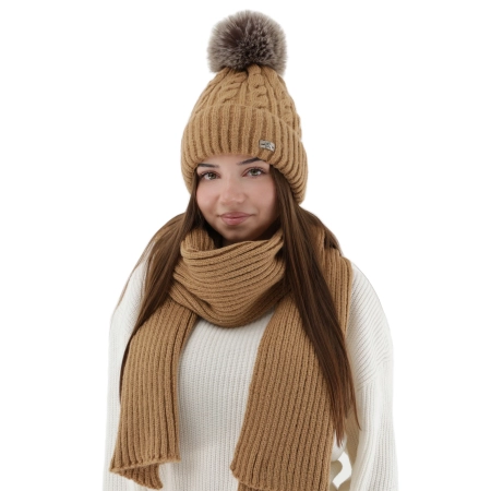 Czapka i szalik damski, zimowy komplet, camel, Lunetta-1