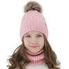 Czapka i komin dla dziewczynki zimowy komplet, 100% wełniany merino, podszyty bawełną, z pomponem, różowy, Terida-1