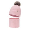 Czapka i komin dla dziewczynki zimowy komplet, 100% wełniany merino, podszyty bawełną, z pomponem, różowy, Terida-2