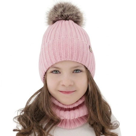 Czapka i komin dla dziewczynki zimowy komplet, 100% wełniany merino, podszyty bawełną, z pomponem, różowy, Terida-1