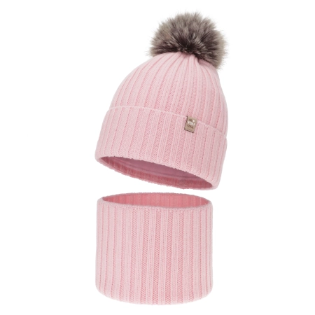 Czapka i komin dla dziewczynki zimowy komplet, 100% wełniany merino, podszyty bawełną, z pomponem, różowy, Terida-2
