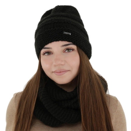 Czapka i szalik komin, zimowy komplet, czarny, z wełną merino, Driva-1
