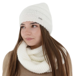Czapka i szalik komin, zimowy komplet, kremowy, z wełną merino, Driva-1