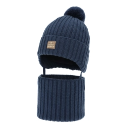 Czapka i komin dla chłopca zimowy komplet, niebieski, 100% wełniany merino, podszyty bawełną, wiązany Masil-1
