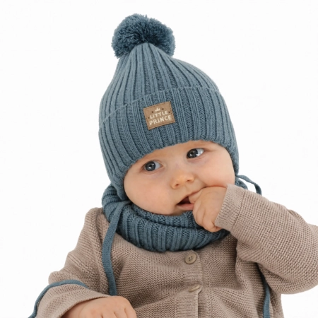 Czapka i komin dla chłopca zimowy komplet, niebieski, 100% wełniany merino, podszyty bawełną, wiązany Masil-1