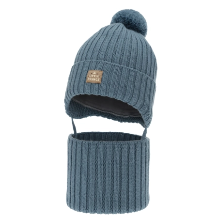 Czapka i komin dla chłopca zimowy komplet, niebieski, 100% wełniany merino, podszyty bawełną, wiązany Masil-2