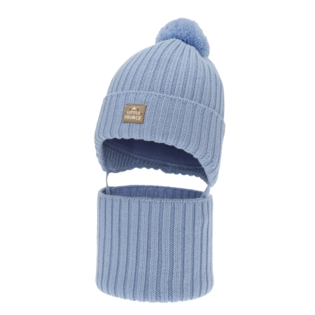 Czapka i komin dla chłopca zimowy komplet, niebieski, 100% wełniany merino,  podszyty bawełną, wiązany Masil-1