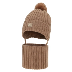 Czapka i komin dla chłopca zimowy komplet, camel, 100% wełniany merino,  podszyty bawełną, wiązany Masil-1