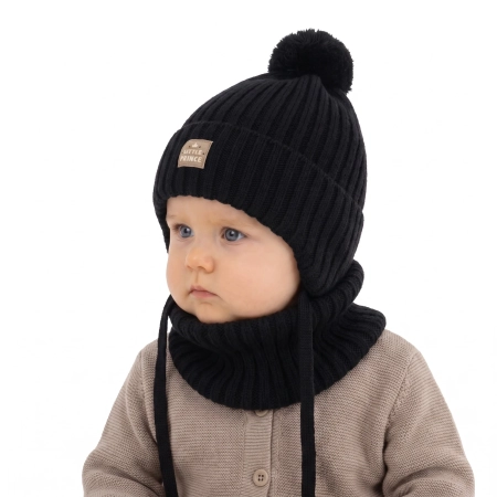Czapka i komin dla chłopca zimowy komplet, czarny, 100% wełniany merino,  podszyty bawełną, wiązany Masil-1