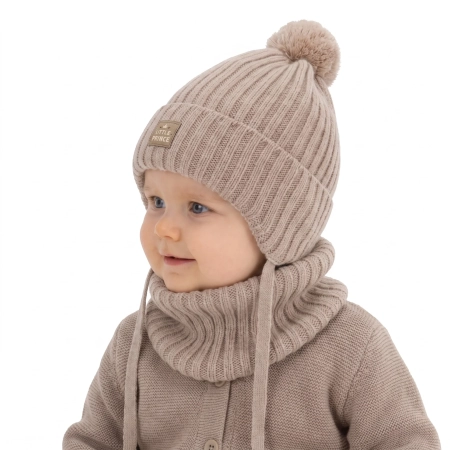Czapka i komin dla chłopca zimowy komplet, beżowy, 100% wełniany merino,  podszyty bawełną, wiązany Masil-1