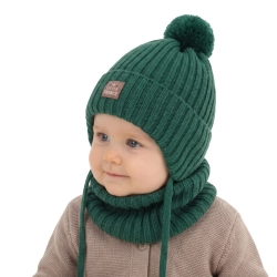 Czapka i komin dla chłopca zimowy komplet, szmaragdowy, 100% wełniany merino,  podszyty bawełną, wiązany Masil-1