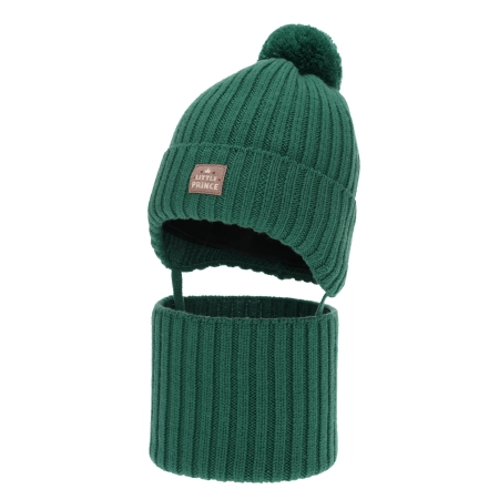 Czapka i komin dla chłopca zimowy komplet, szmaragdowy, 100% wełniany merino,  podszyty bawełną, wiązany Masil-2