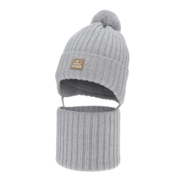 Czapka i komin dla chłopca zimowy komplet, szary, 100% wełniany merino,  podszyty bawełną, wiązany Masil-1