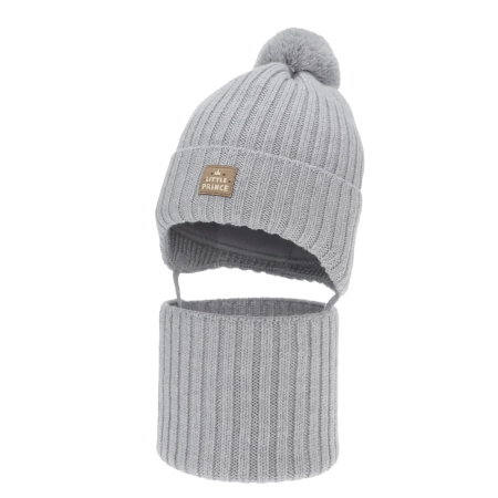 Czapka i komin dla chłopca zimowy komplet, szary, 100% wełniany merino,  podszyty bawełną, wiązany Masil-1