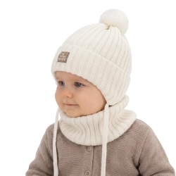 Czapka i komin dla chłopca zimowy komplet, kremowy, 100% wełniany merino,  podszyty bawełną, wiązany Masil-1