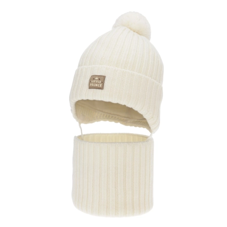 Czapka i komin dla chłopca zimowy komplet, kremowy, 100% wełniany merino,  podszyty bawełną, wiązany Masil-2