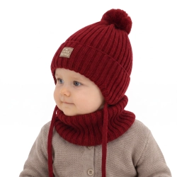 Czapka i komin dla chłopca zimowy komplet, bordowy, 100% wełniany merino, podszyty bawełną, wiązany Masil-1