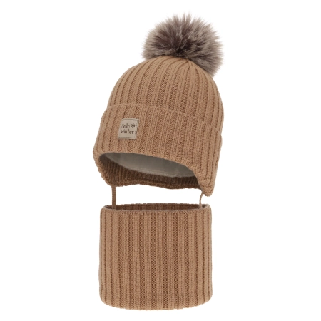 Czapka i komin dla chłopca zimowy komplet, camel, 100% wełniany merino, podszyty wełnianym polarem, wiązany Morti-1