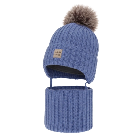 Czapka i komin dla chłopca zimowy komplet, niebieski, 100% wełniany merino, podszyty wełnianym polarem, wiązany Morti-2