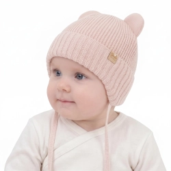 Czapka zimowa dla dziewczynki, jasnoróżowa, wiązana, z wełną merino Shira-1