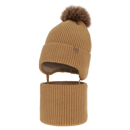 Czapka i komin dla chłopca zimowy komplet, camel, z pomponem, wiązany Zico-1