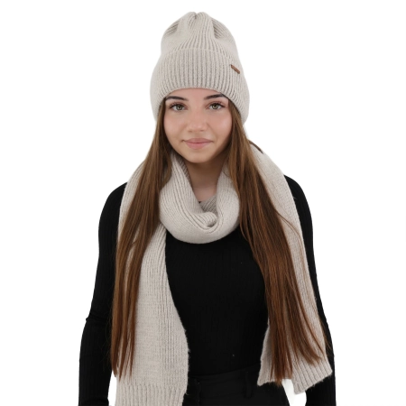 Czapka i szalik damski, zimowy komplet, beżowy, z wełną merino, Seala-2
