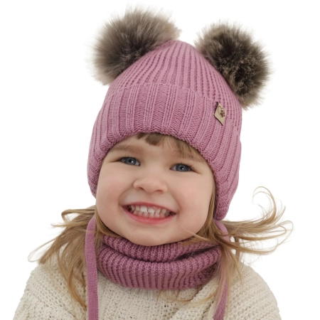 Czapka i komin dla dziewczynki zimowy komplet, fioletowy, wiązany, 100% wełniany merino, z dwoma pomponami Silvia-1