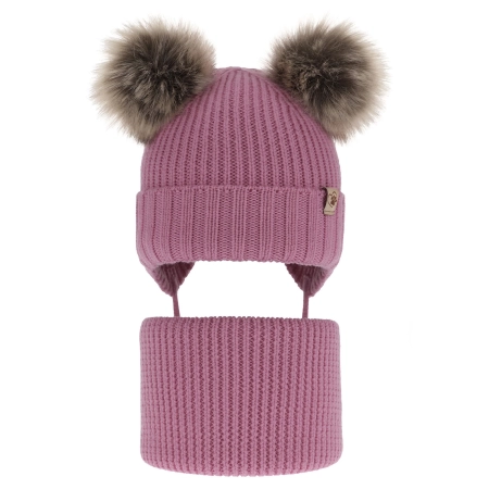 Czapka i komin dla dziewczynki zimowy komplet, fioletowy, wiązany, 100% wełniany merino, z dwoma pomponami Silvia-3