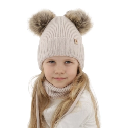 Czapka i komin dla dziewczynki zimowy komplet, beżowy, 100% wełniana merino, wiązany, z dwoma pomponami Silvia-1