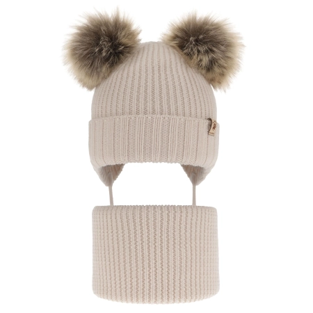 Czapka i komin dla dziewczynki zimowy komplet, beżowy, 100% wełniana merino, wiązany, z dwoma pomponami Silvia-2