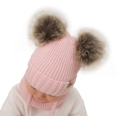 Czapka i komin dla dziewczynki zimowy komplet, beżowy, 100% wełniana merino, wiązany, z dwoma pomponami Silvia-4