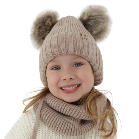 Czapka i komin dla dziewczynki zimowy komplet, beżowy, 100% wełniana merino, wiązany, z dwoma pomponami Silvia-7