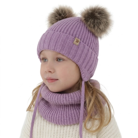 Czapka i komin dla dziewczynki zimowy komplet, fioletowy, wiązany, 100% wełniany merino, z dwoma pomponami Silvia-1