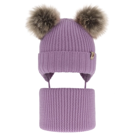 Czapka i komin dla dziewczynki zimowy komplet, fioletowy, wiązany, 100% wełniany merino, z dwoma pomponami Silvia-2
