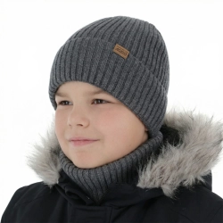 Czapka i komin dla chłopca, zimowy komplet, 100% wełniany merino, z podszyciem z wełny merino, szary Domin-1