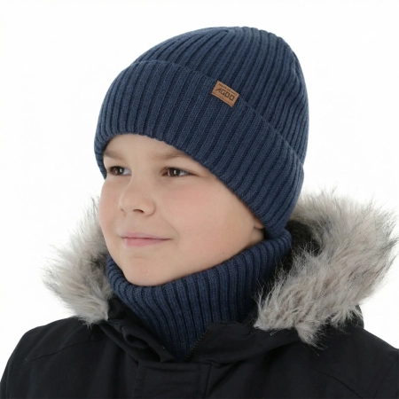 Czapka i komin dla chłopca, zimowy komplet, 100% wełniany merino, z podszyciem z wełny merino, niebieski Domin-1