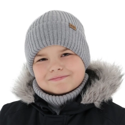Czapka i komin dla chłopca, zimowy komplet, 100% wełniany merino, z podszyciem z wełny merino, jasnoszary Domin-1