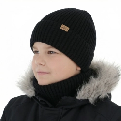 Czapka i komin dla chłopca, zimowy komplet, 100% wełniany merino, z podszyciem z wełny merino, czarny Domin-1