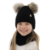 Czapka i komin dla dziewczynki zimowy komplet, czarny, wiązany, 100% wełniany merino, z dwoma pomponami Silvia-3