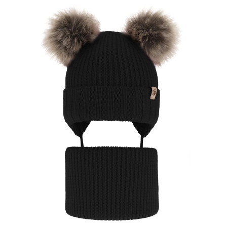 Czapka i komin dla dziewczynki zimowy komplet, czarny, wiązany, 100% wełniany merino, z dwoma pomponami Silvia-2