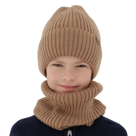 Czapka i komin dla chłopca, zimowy komplet, 100% wełniany merino, z podszyciem z wełny merino, camel Domin-1